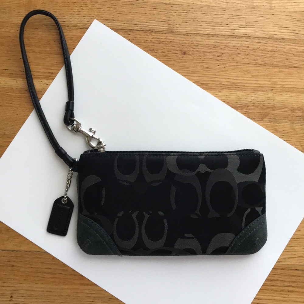 Coach C Wristlet, black and grey w/ suede corners